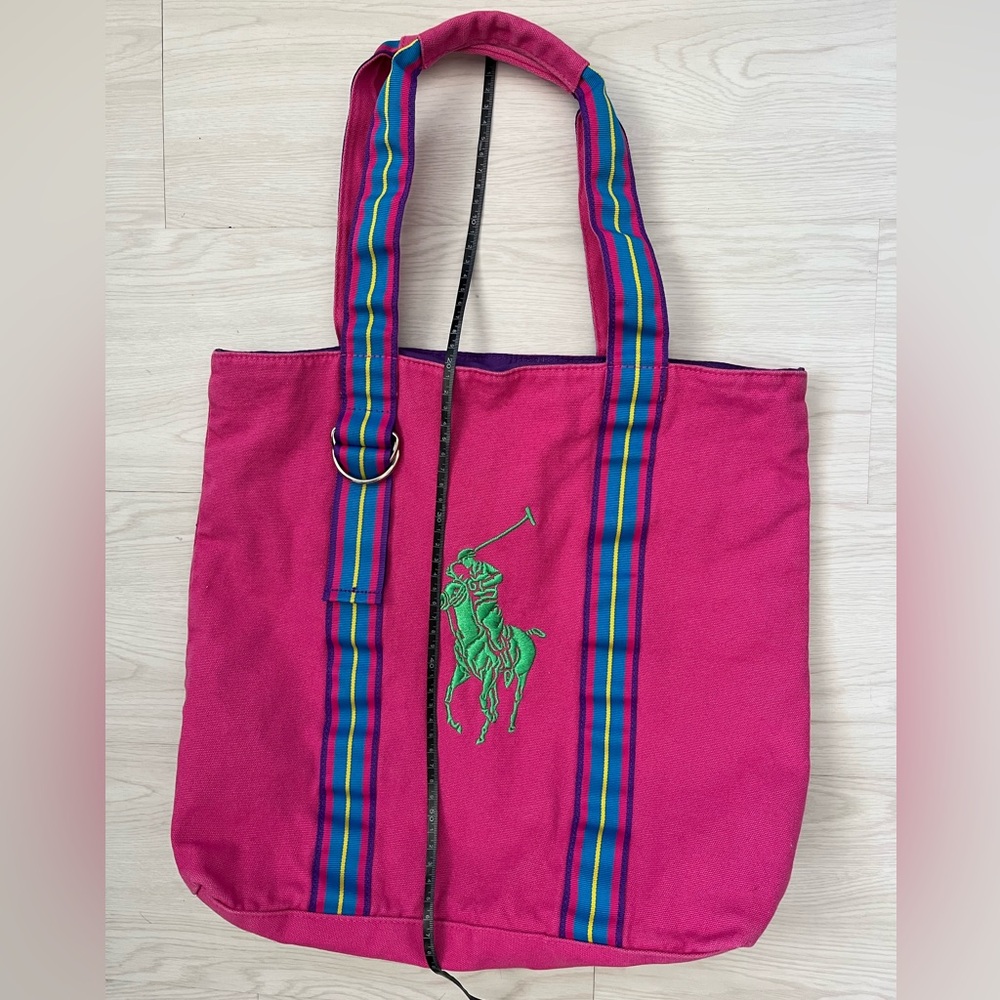 Big Ralph Lauren Hot Pink Canvas Tote with Green Polo Embroidery - Picture 2 of 8